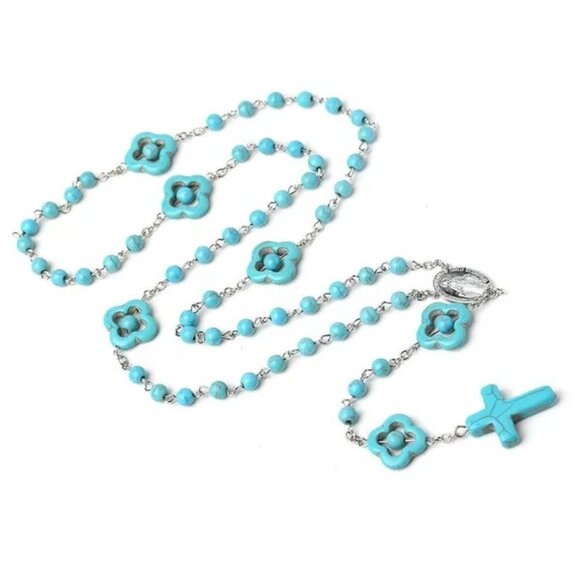 Turquoise Catholic Rosary Cross Religious Praying Fashion Necklace NWOT - Picture 11 of 11